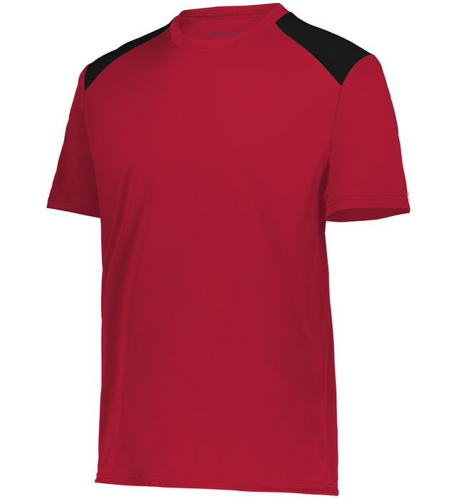 Scarlet and black colored Momentum team tee shirt angled view on a white background