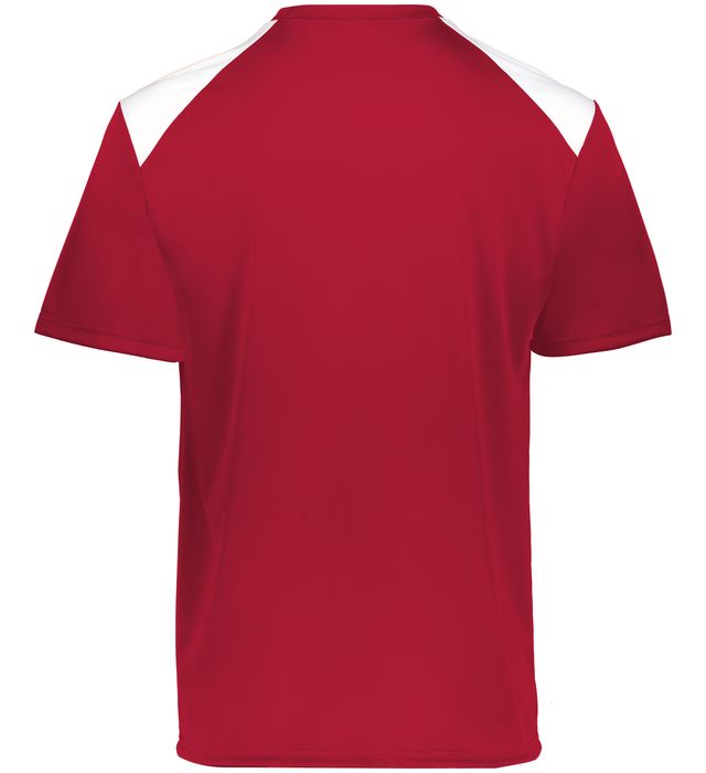 Scarlet and white colored Momentum team tee shirt angled view on a white background