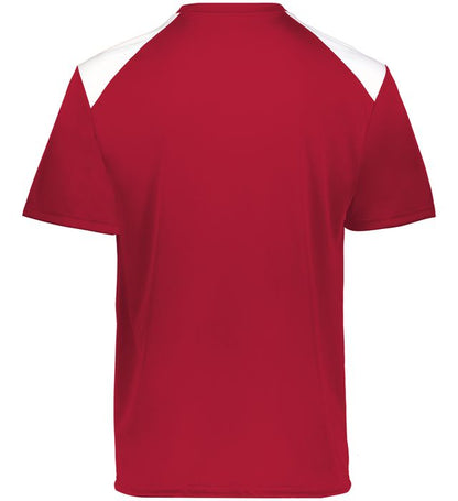 Scarlet and white colored Momentum team tee shirt angled view on a white background