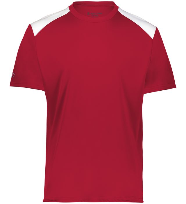 Scarlet and white colored Momentum team tee shirt angled view on a white background