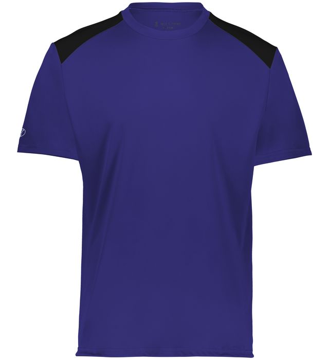 purple and black colored Momentum team tee angled view on a white background