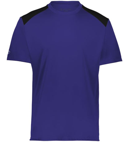 purple and black colored Momentum team tee angled view on a white background