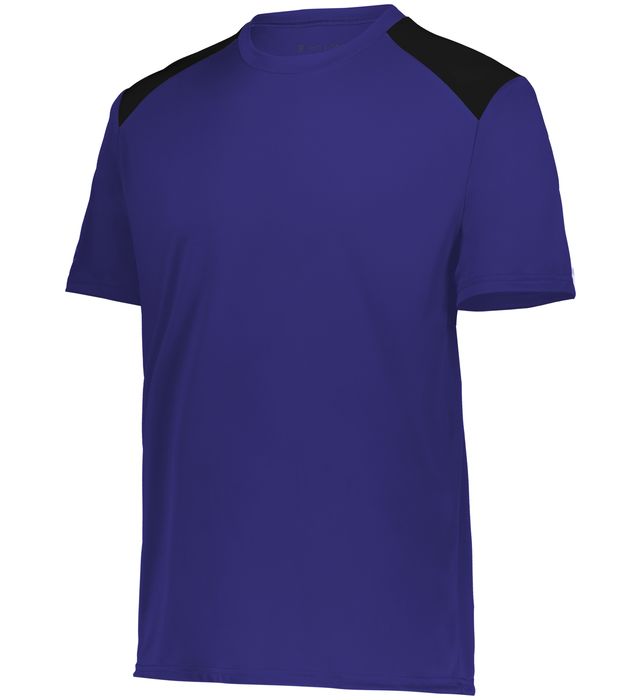 purple and black colored Momentum team tee angled view on a white background