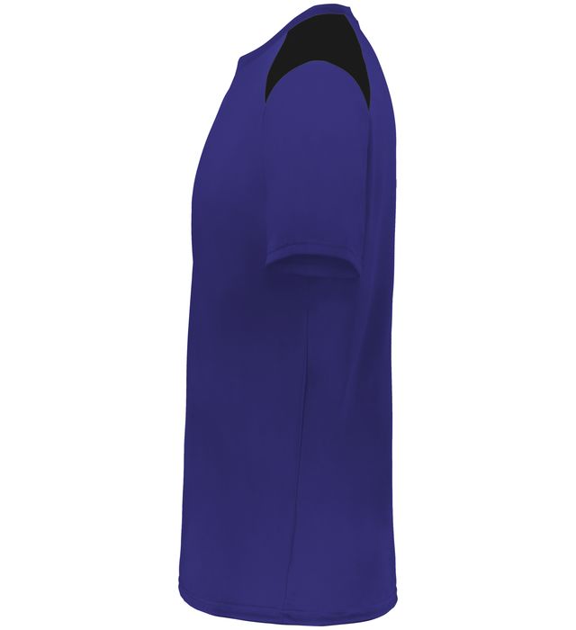 purple and black colored Momentum team tee angled view on a white background