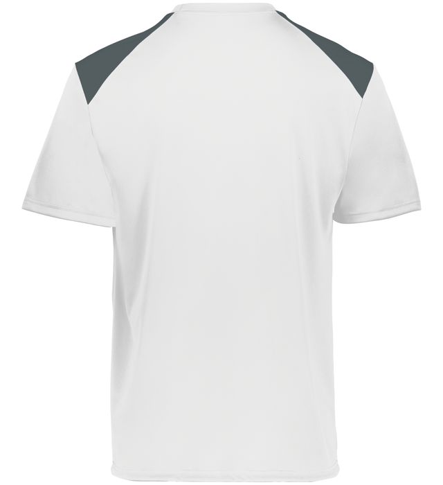 white and graphite colored Momentum team tee shirt angled view on a white background