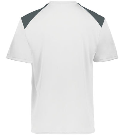 white and graphite colored Momentum team tee shirt angled view on a white background