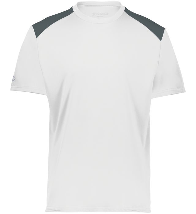 white and graaphite colored Momentum team tee shirt angled view on a white background