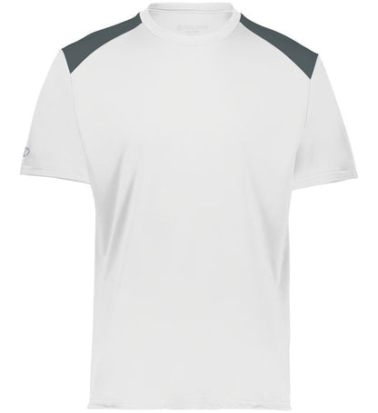 white and graaphite colored Momentum team tee shirt angled view on a white background