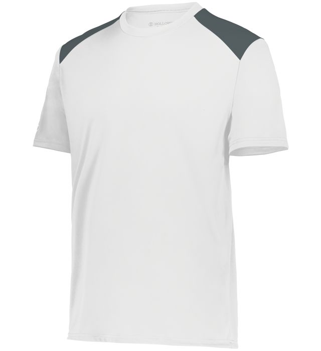 white and graphite colored Momentum team tee shirt angled view on a white background