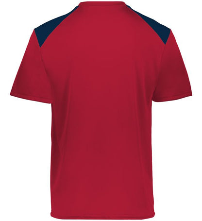 Scarlet and Navy colored Momentum team tee shirt angled view on a white background
