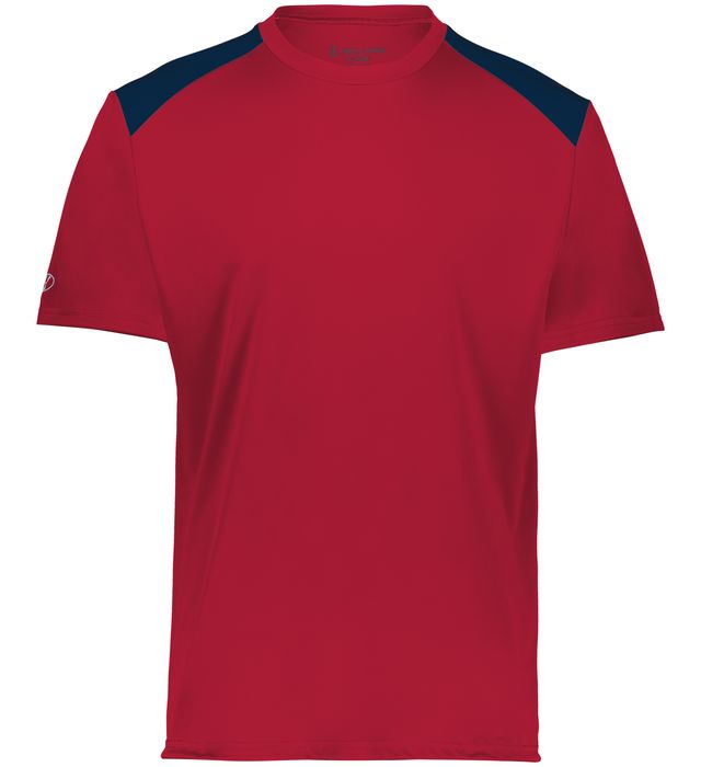 Scarlet and Navy colored Momentum team tee shirt angled view on a white background