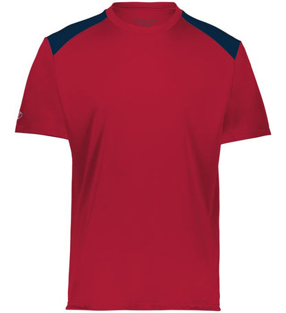 Scarlet and Navy colored Momentum team tee shirt angled view on a white background