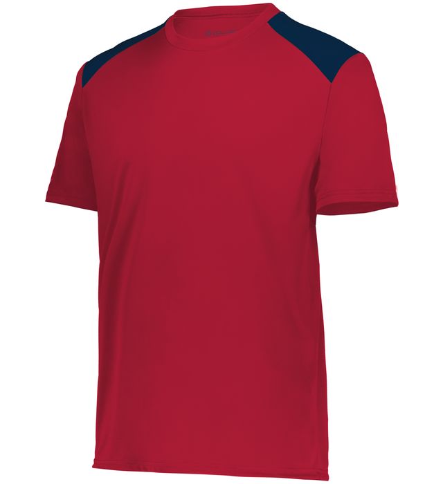 Scarlet and Navy colored Momentum team tee shirt angled view on a white background