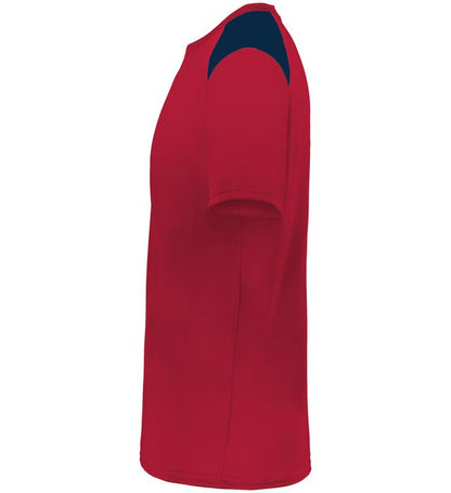 Scarlet and Navy colored Momentum team tee shirt angled view on a white background