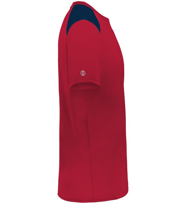 Scarlet and Navy colored Momentum team tee shirt angled view on a white background