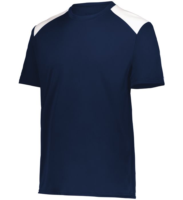navy and white Youth Momentum Team Tee shirt angled view on a white background