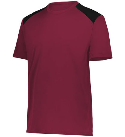 Maroon and black Youth Momentum Team Tee shirt angled view on a white background
