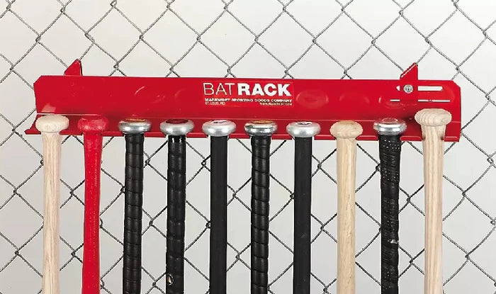 red Aluminum Fence Bat Rack used for bat hanging in baseball