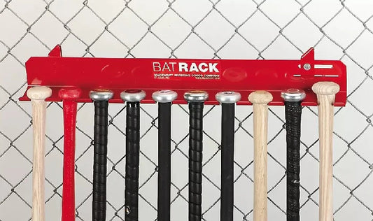 red Aluminum Fence Bat Rack used for bat hanging in baseball