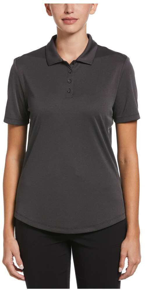 Woman wearing a dark gray Ladies Oxford polo shirt on a white background