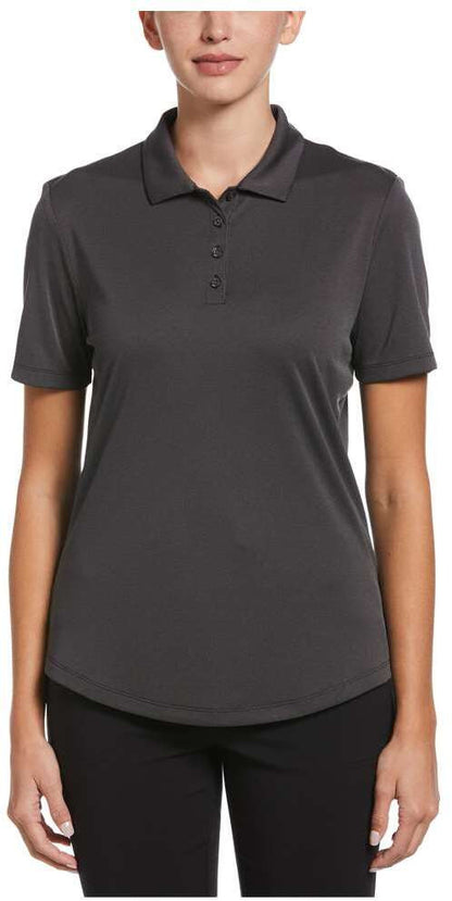 Woman wearing a dark gray Ladies Oxford polo shirt on a white background