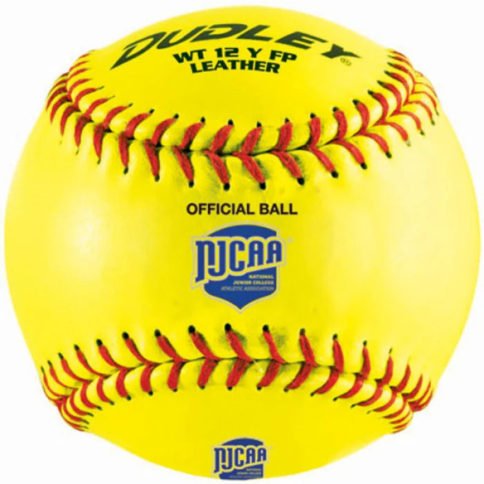 yellow Dudley Thunder Heat WT12 Leather Cover 12" Softball with red stitching on white background