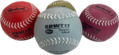 Four Markwort Weighted Softballs in different colors with labels indicating weight and type. weight is 9oz, 10oz, 11oz, 12oz on white background