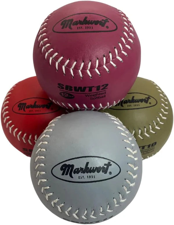 Four Markwort Weighted Softballs in different colors with labels indicating weight and type. weight is 9oz, 10oz, 11oz, 12oz on white background