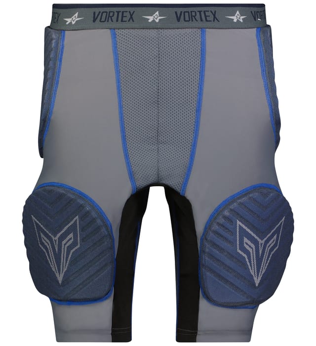 Gray and blue athletic shorts with protective padding on a white background