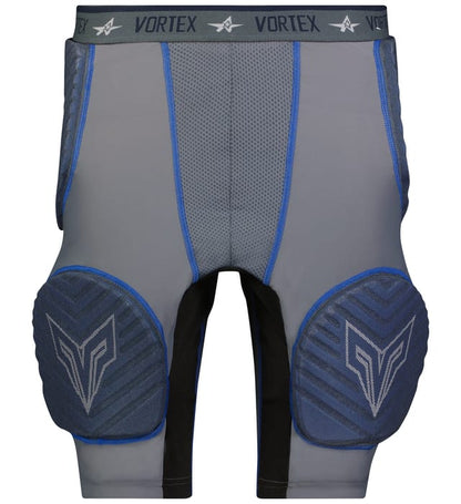 Gray and blue athletic shorts with protective padding on a white background