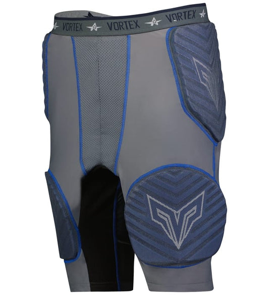 Youth Vortex Integrated 5 Padded Football Girdle Gray and blue athletic shorts with Vortex branding on a white background