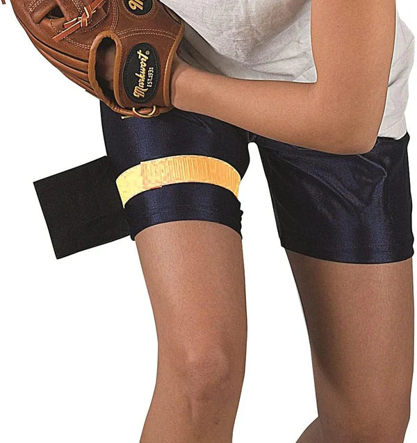 baseball player wearing a yellow Markwort The Perfect Circle Pitcher's Training Aid on white background