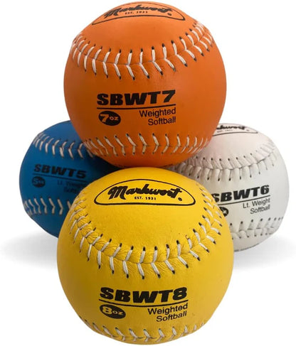 set of four Markwort Weighted Softball Set 5-6-7-8 oz in blue, yellow, white and orange color on white background