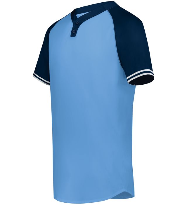 Light blue and navy baseball-style Cutter+ Henley shirt on a white background