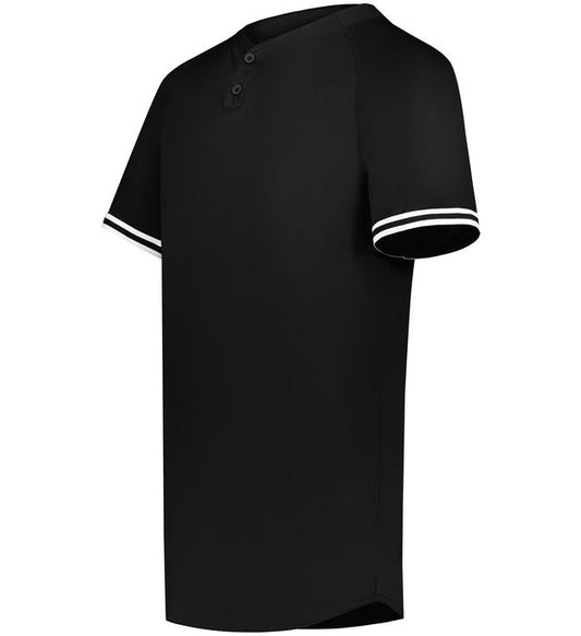 Black baseball Cutter+ Henley jersey with white trim on a white background