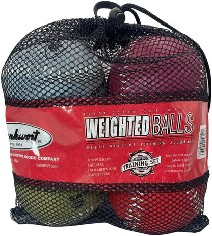 Four Markwort Weighted Softballs in different colors with labels indicating weight and type. weight is 9oz, 10oz, 11oz, 12oz in black mesh tote bag, on white background