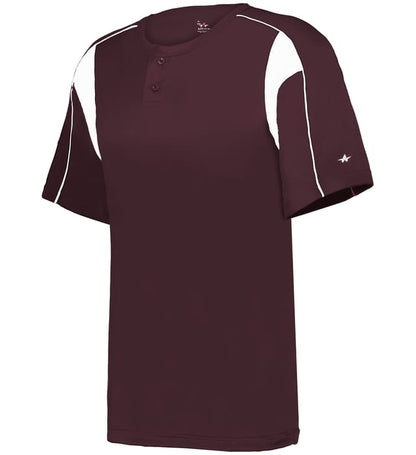 Maroon and white colored Pro Youth Placket jersey angled image on a white background