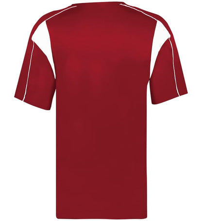 Red and white colored Pro Youth Placket jersey angled image on a white background