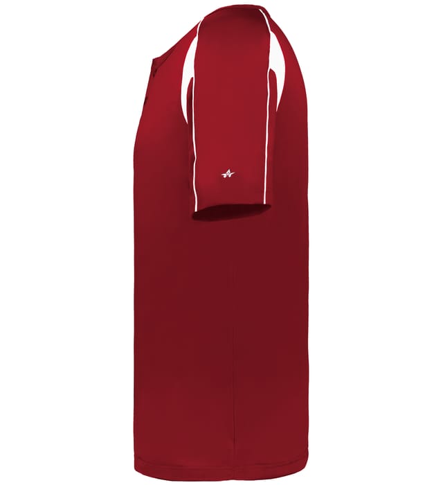 Red and white colored Pro Youth Placket jersey angled image on a white background