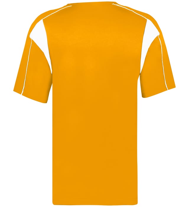 Gold and white colored Pro Youth Placket jersey angled image on a white background