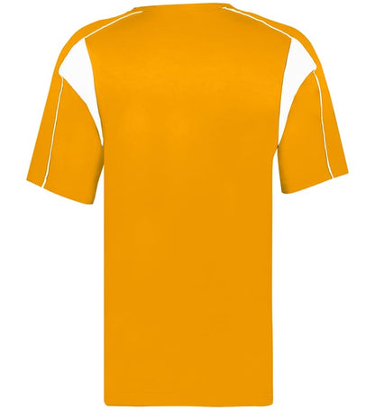 Gold and white colored Pro Youth Placket jersey angled image on a white background