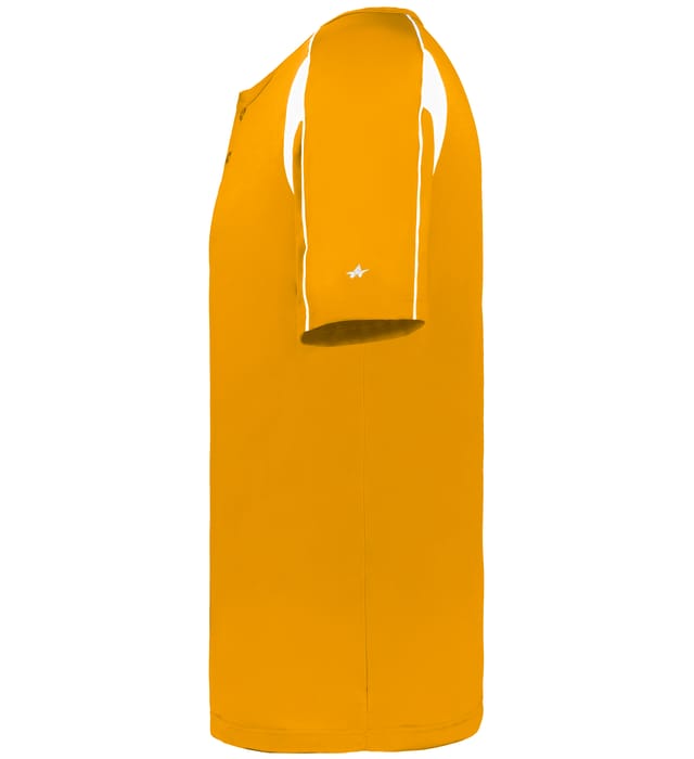 Gold and white colored Pro Youth Placket jersey angled image on a white background