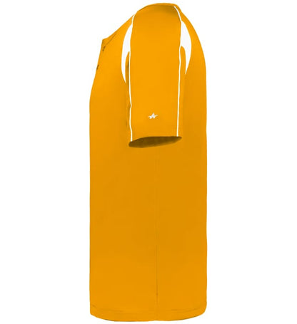 Gold and white colored Pro Youth Placket jersey angled image on a white background