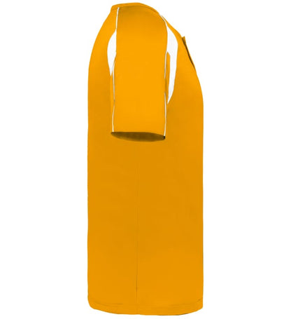 Gold and white colored Pro Youth Placket jersey angled image on a white background