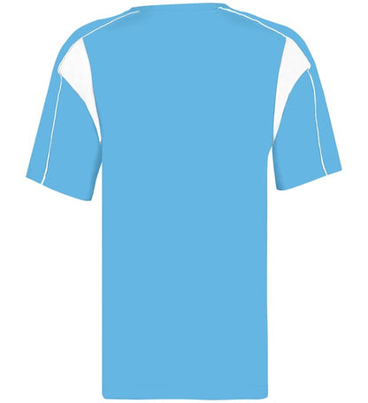 Columbia Blue and white colored Pro Youth Placket jersey angled image on a white background