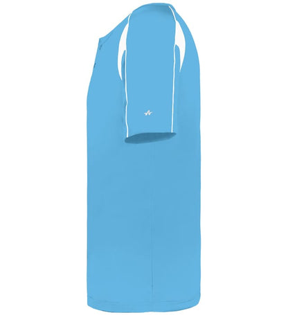 Columbia Blue and white colored Pro Youth Placket jersey angled image on a white background
