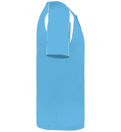 Columbia Blue and white colored Pro Youth Placket jersey angled image on a white background