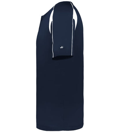 Navy and white colored Pro Youth Placket jersey angled image on a white background