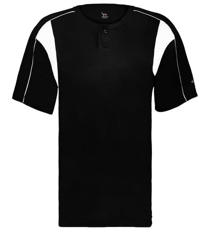 Black and white colored Pro Youth Placket jersey angled image on a white background