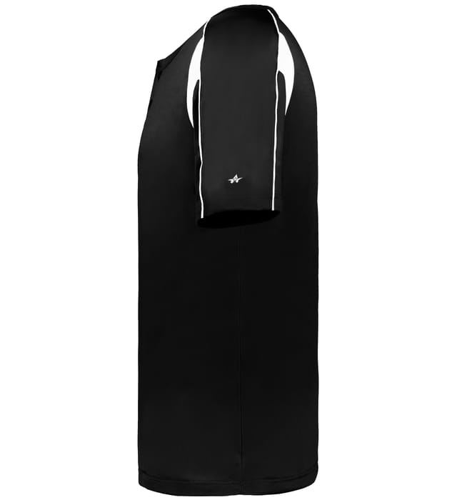 Black and white colored Pro Youth Placket jersey angled image on a white background